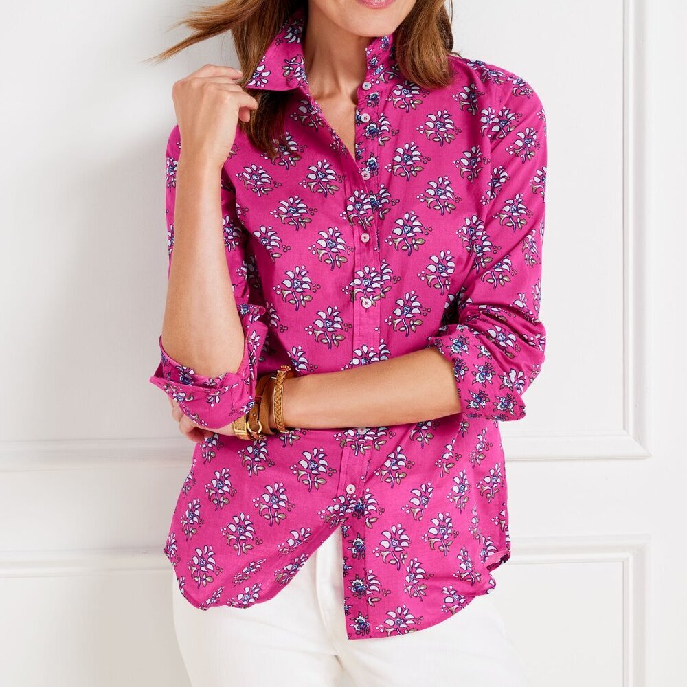 Talbots Women's Shirt Blouse Size SP Petite Cotton Pink Ditsy Heart Barbiecore